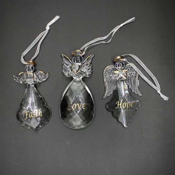 Set of 3 Glass Angel Ornaments with Gold Script Font & Trim: Faith Hope Love - Picture 5 of 5
